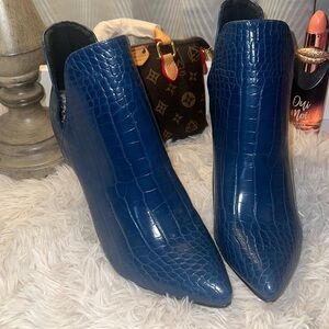 BNWOB 4 1/2” block heel blue crock, embossed ankle boots ( Ships in duster bag)